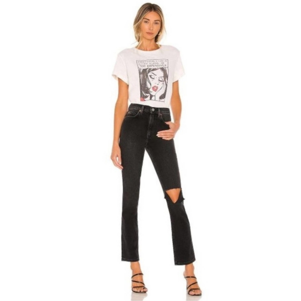 New- Re/Done 70s Straight Leg Black Jean with Knee Rip in Washed Noir Size 25